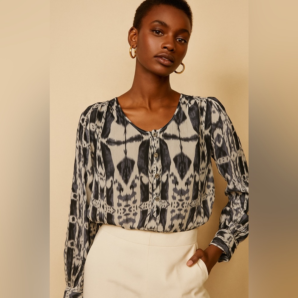 Ulla Johnson Navy and Gray Ikat Print Long Sleeve Blouse Boho Chic Designer Top